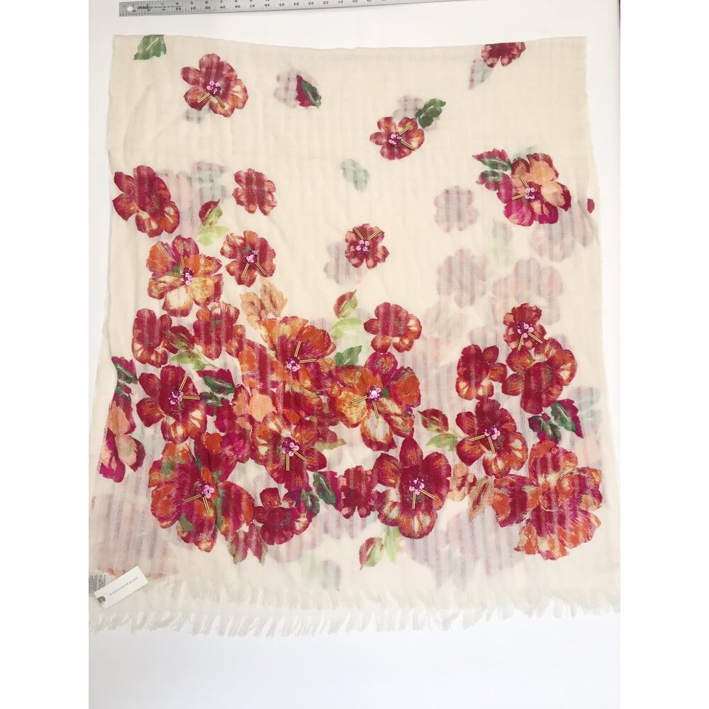 Anthropologie Scarf Womens Red Orange Floral Wool Sheer Fringe Sequins 31 X 72 - Picture 8 of 12